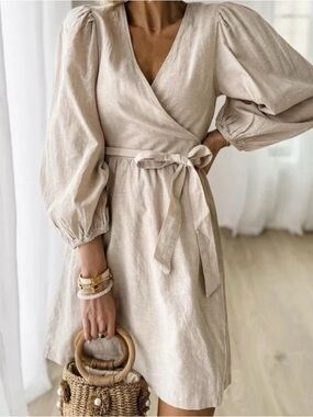 H&M Linen Blend Wrap Dress Puff Sleeve Belted Mini Size M